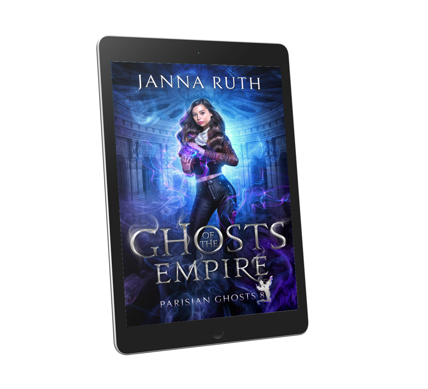 E-reader displaying the book cover of 'Ghosts of the Empire' by Janna Ruth on a white background