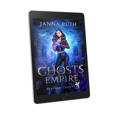 E-reader displaying the book cover of 'Ghosts of the Empire' by Janna Ruth on a white background