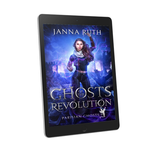 E-reader displaying the cover of 'Ghosts of the Revolution' by Janna Ruth on a white background