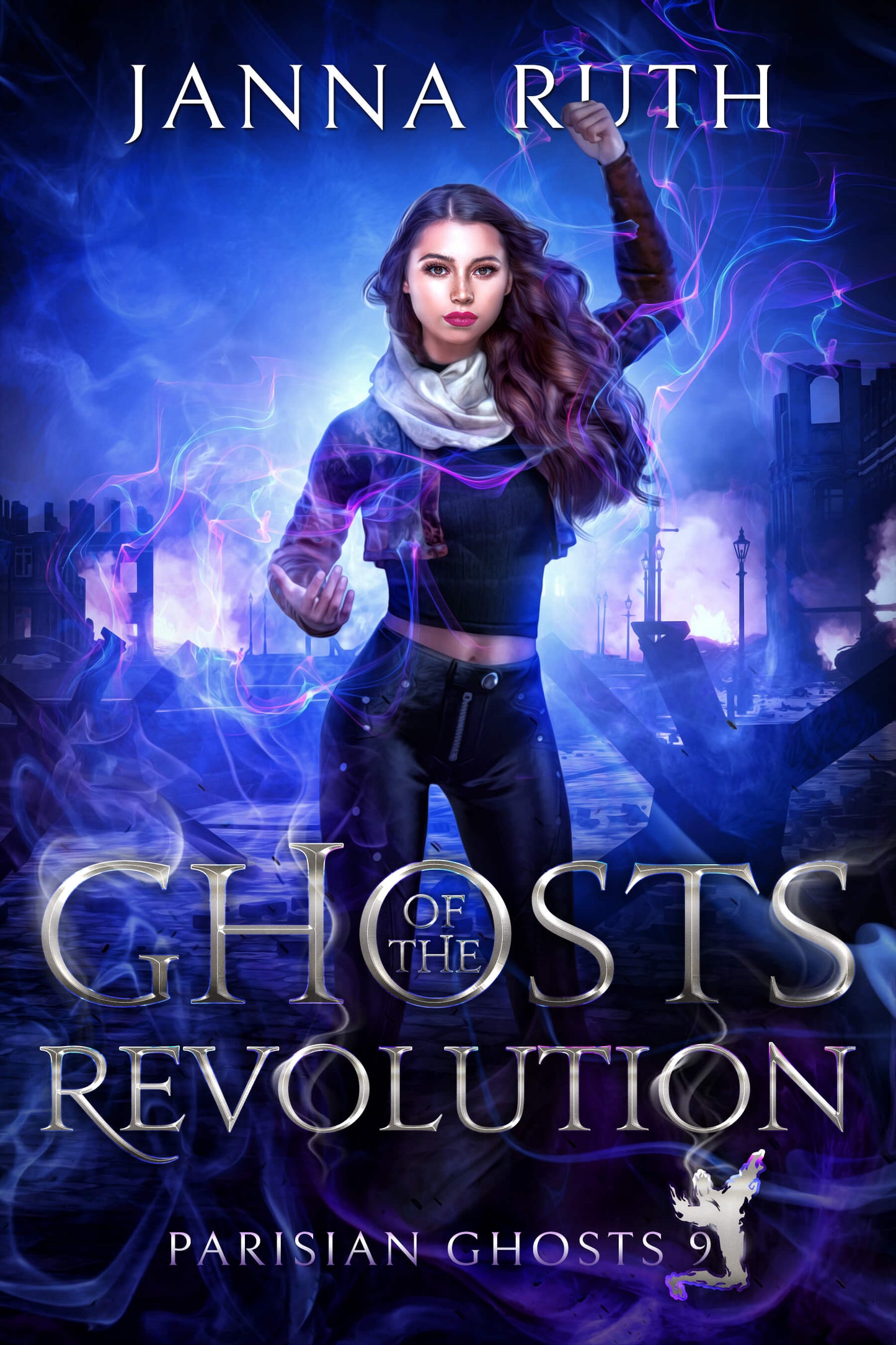 Book cover of 'Ghosts of the Revolution' by Janna Ruth with a woman in a cityscape background, raising her fist defiantly.