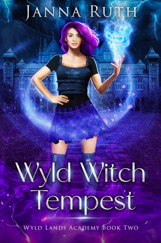 Book cover of 'Wyld Witch Tempest' featuring a witch with purple hair and blue energy in front of a school.