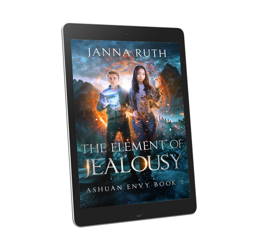 E-reader displaying the cover of 'The Element of Jealousy' by Janna Ruth on a white background