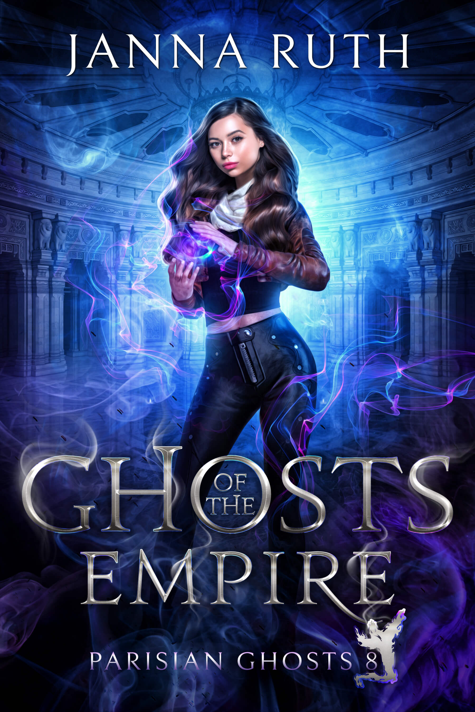 Book cover of 'Ghosts of the Empire' by Janna Ruth featuring a character with magical abilities.