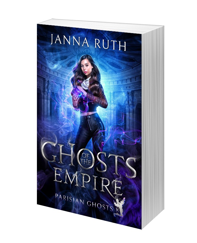 Book cover of 'Ghosts of the Empire' by Janna Ruth with a character holding a glowing purple object.