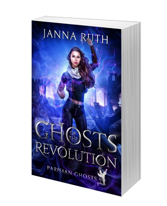 Book cover of 'Ghosts of the Revolution' by Janna Ruth with a young woman raising her fist on a purple background
