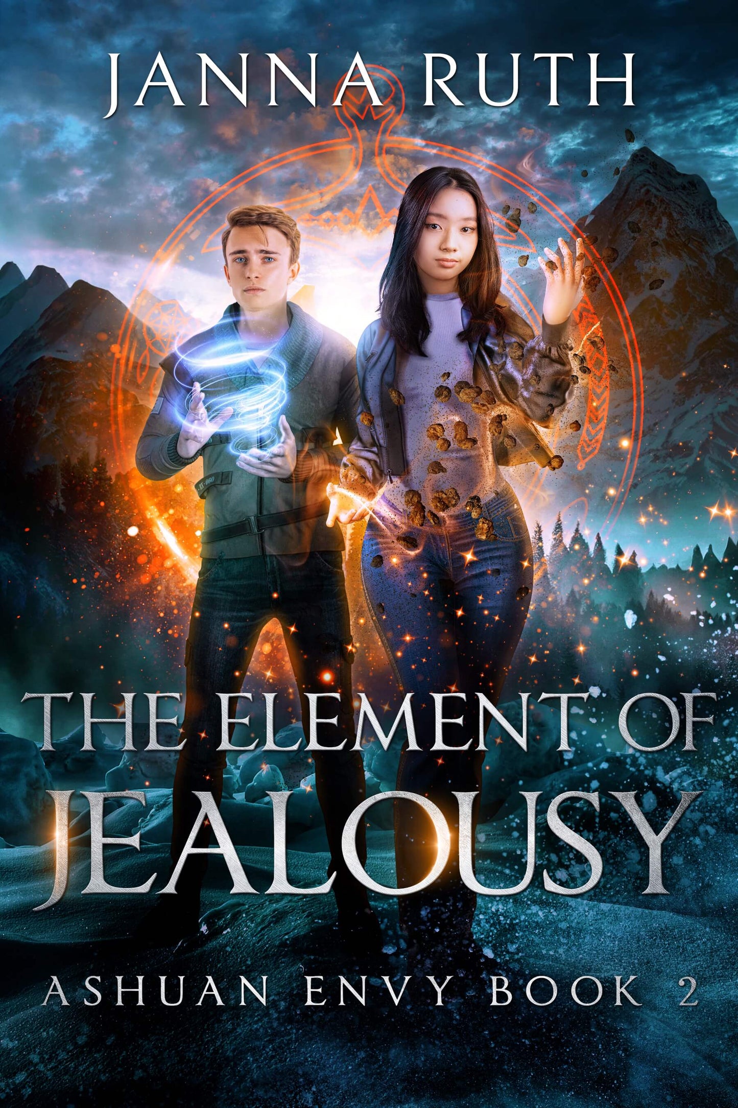 Book cover of 'The Element of Jealousy' by Janna Ruth featuring two characters with mystical elements.